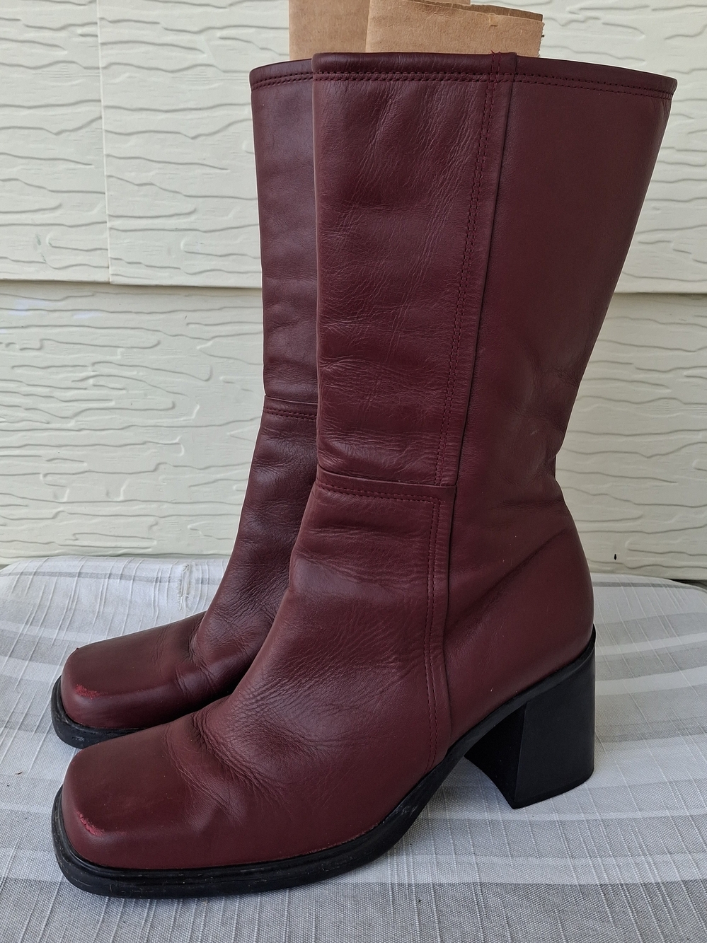 Vtg Studio Works Burgundy Leather Square Toe Block Heel Mid Calf Boots 8.5M Y2k